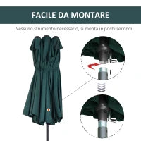 Ombrellone da Giardino Doppio con Apertura a Manovella, in Acciaio e Poliestere, 455x265x238cm, Verde Scuro