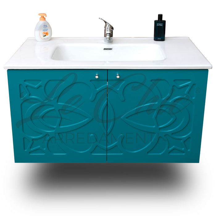 Mobile moderno sospeso Luxury verde smeraldo - 120 cm, Specchiera con applicco