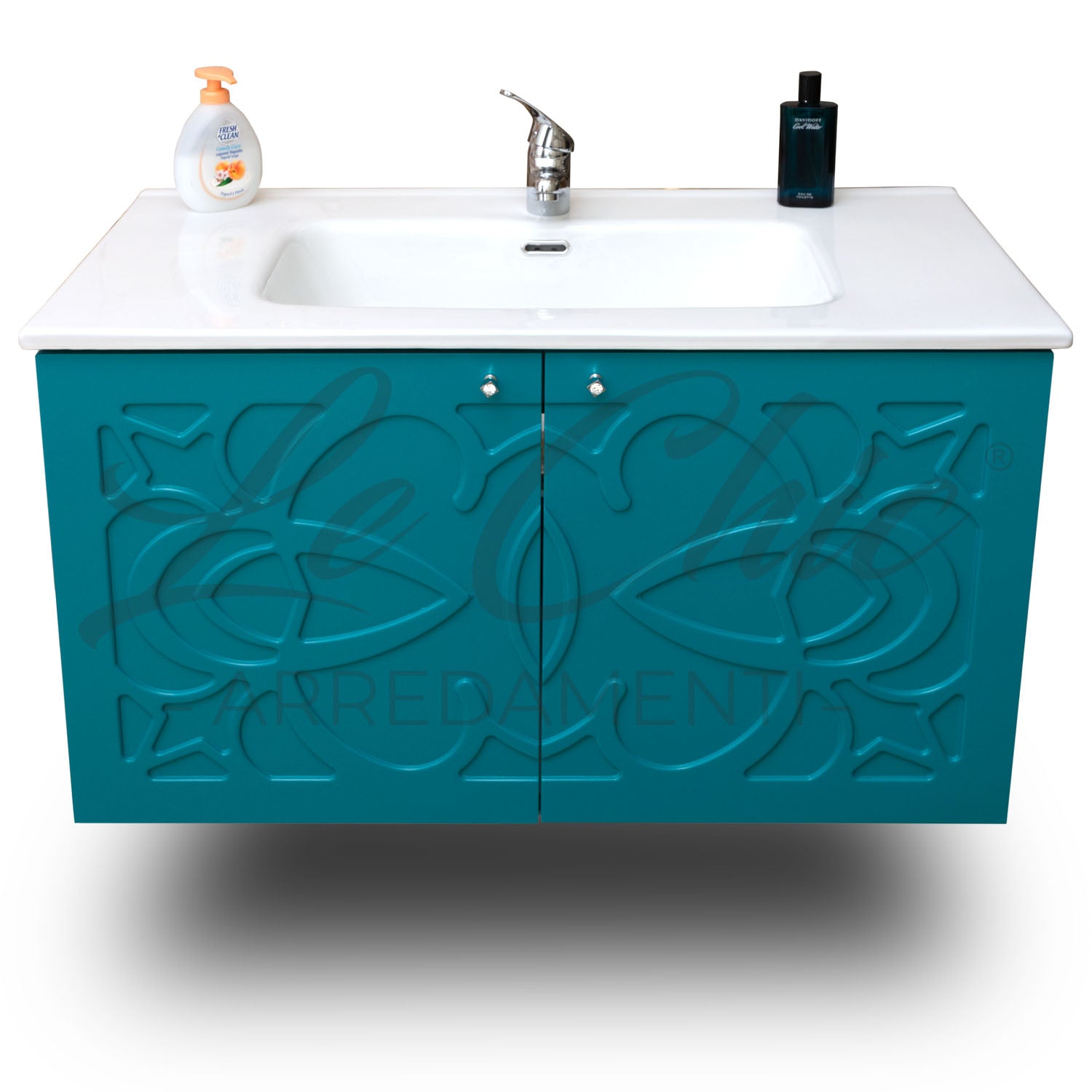 Mobile moderno sospeso Luxury verde smeraldo - 100 cm, Specchiera led sasso