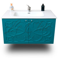 Mobile moderno sospeso Luxury verde smeraldo - 100 cm, Specchiera led sasso