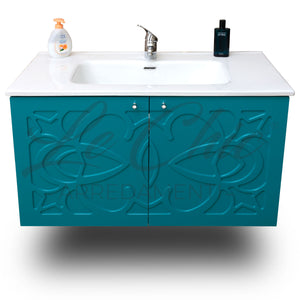 Mobile moderno sospeso Luxury verde smeraldo - 100 cm, Specchiera led sasso