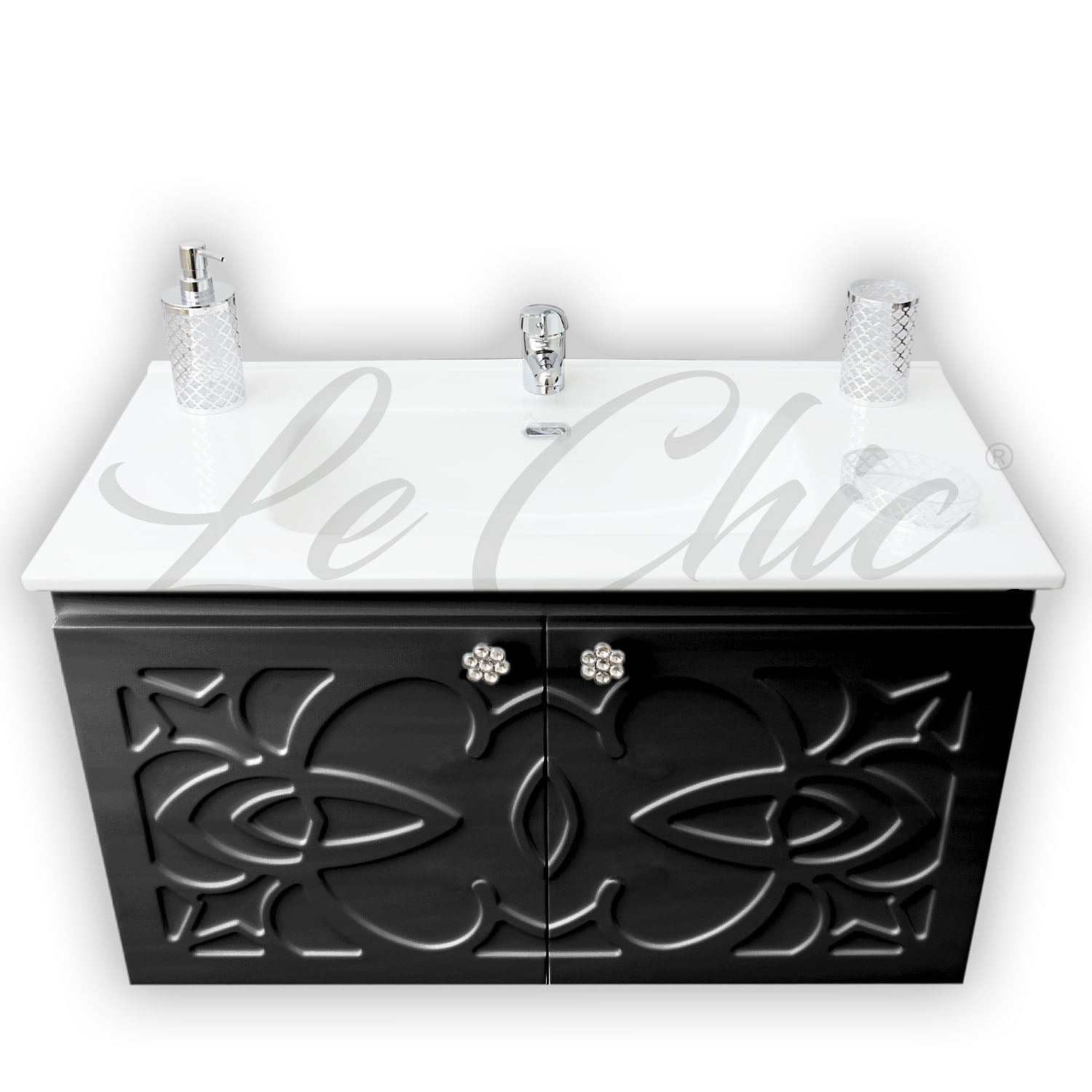 Mobile bagno nero sospeso stile Luxury con colonna - 120 cm, Vela