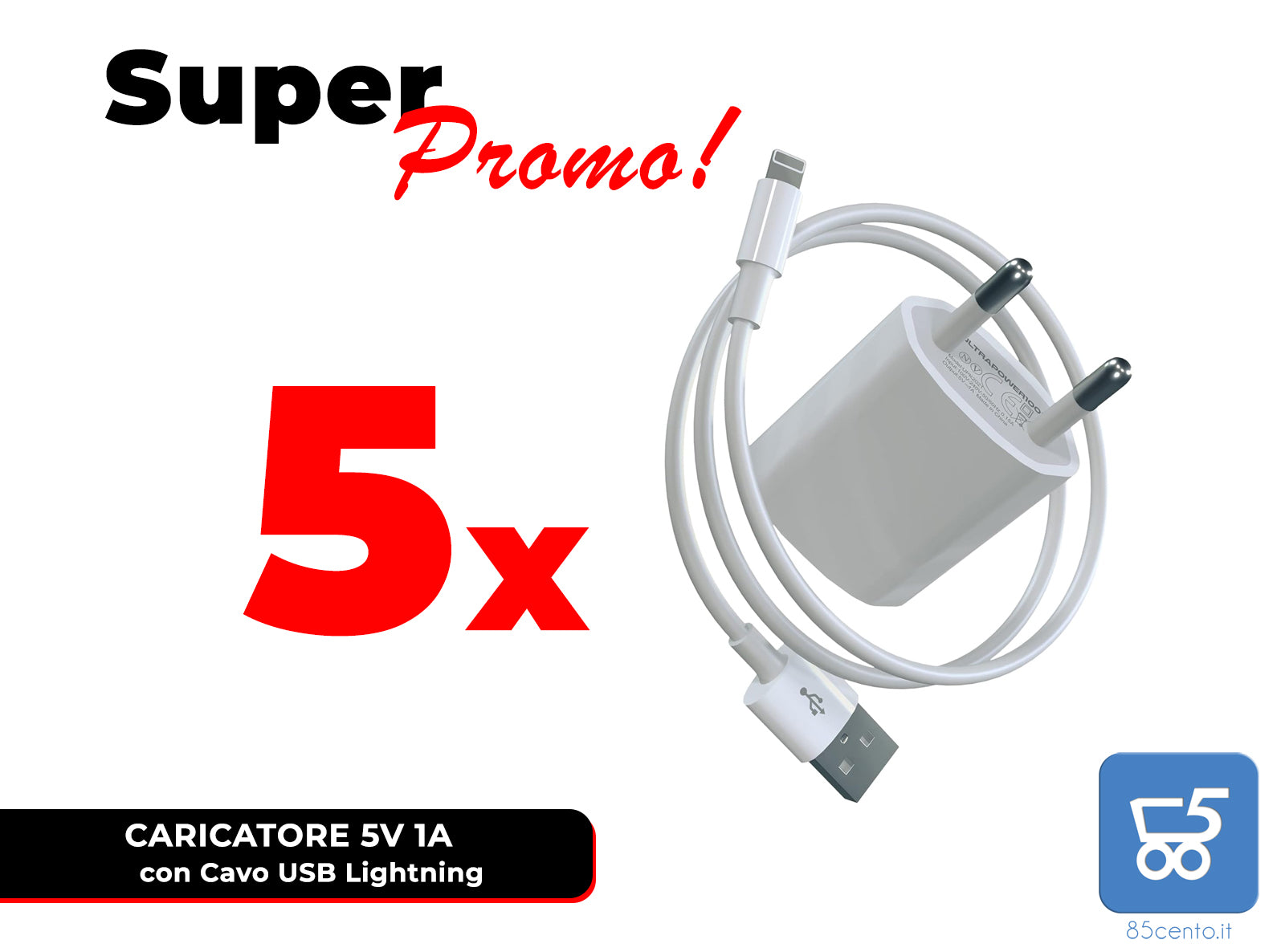 5 Pezzi Caricabatterie compatibile iPhone iPad iPod cavo USB Lightning 5V 1A Ultrapower100