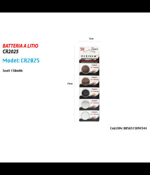 5 Batterie A Litio Pile Cr2025 3v 150mah A Bottone Per Orologi Telecomandi Maxtech         