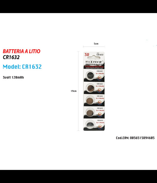 5 Batterie Batteria Cr1632 3v 120mah Pile A Bottone Per Orologi Telecomandi Maxtech         