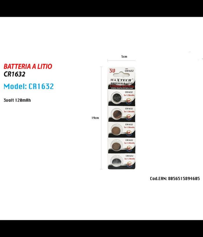 5 Batterie Batteria Cr1632 3v 120mah Pile A Bottone Per Orologi Telecomandi Maxtech         