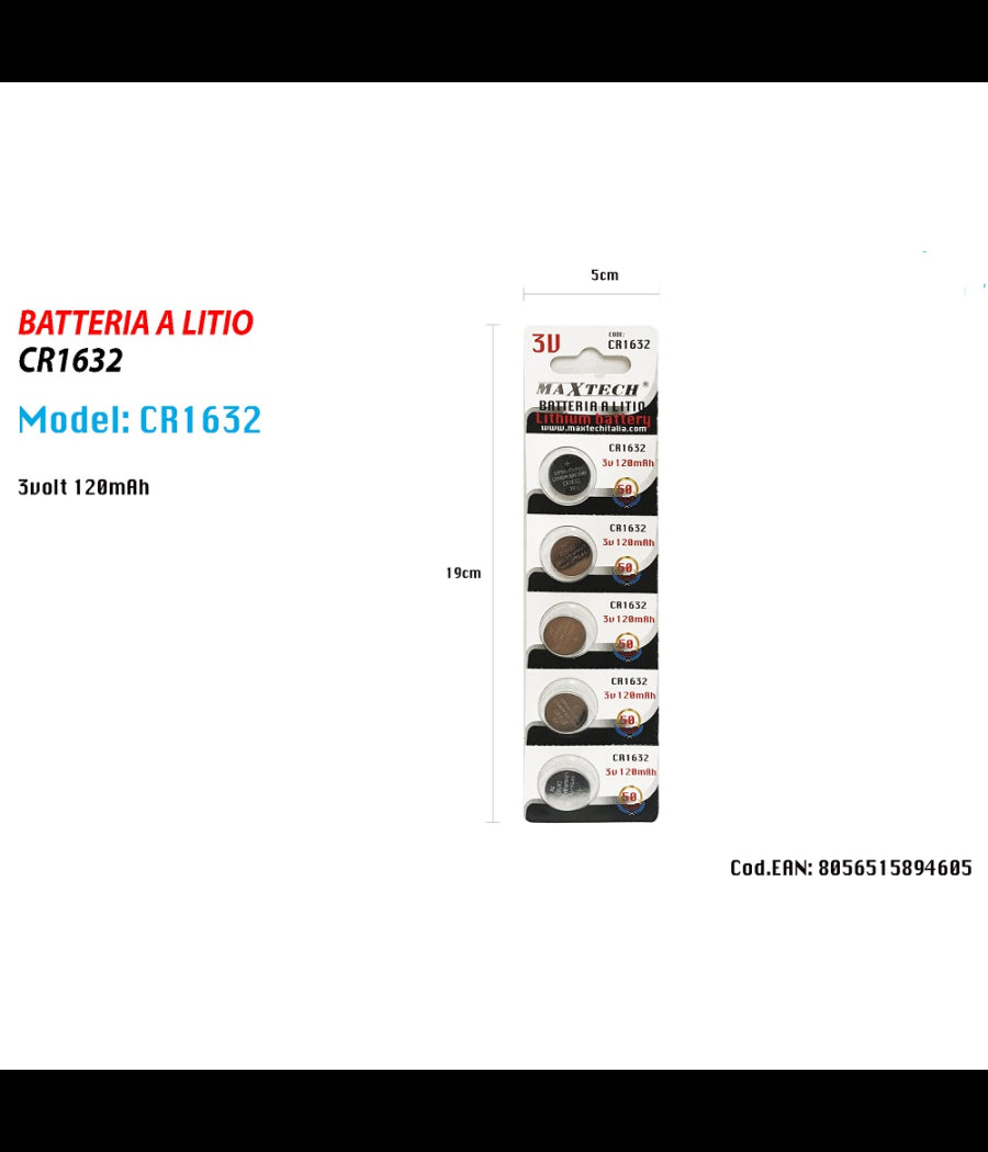 5 Batterie Batteria Cr1632 3v 120mah Pile A Bottone Per Orologi Telecomandi Maxtech         