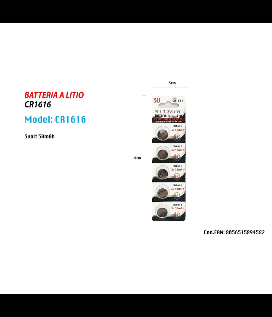 5 Batterie Cr1616 3v Pile A Bottone Per Orologi Telecomandi Apparecchi Maxtech         
