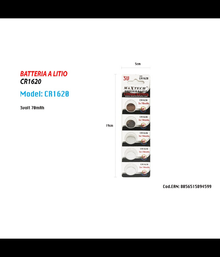 5 Batterie Pile A Bottone Cr1620 3v Per Orologi Telecomandi Apparecchi Maxtech         