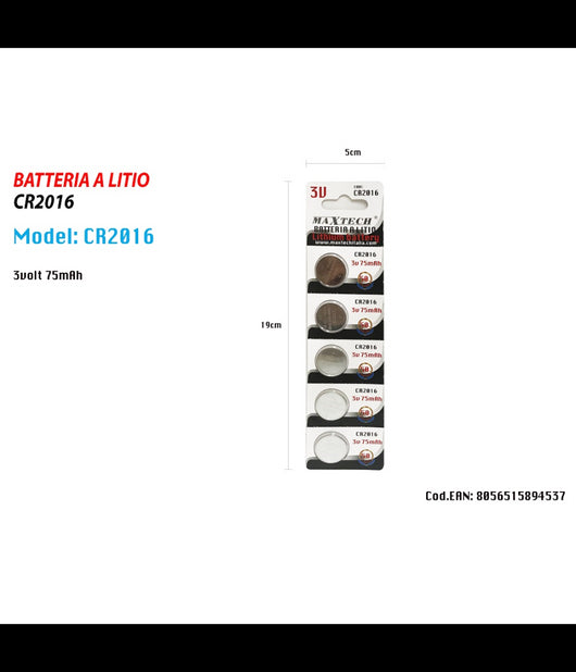 5 Batterie Pile Cr2016 3v 75mah Batteria A Bottone Per Orologi Telecomandi Maxtech         