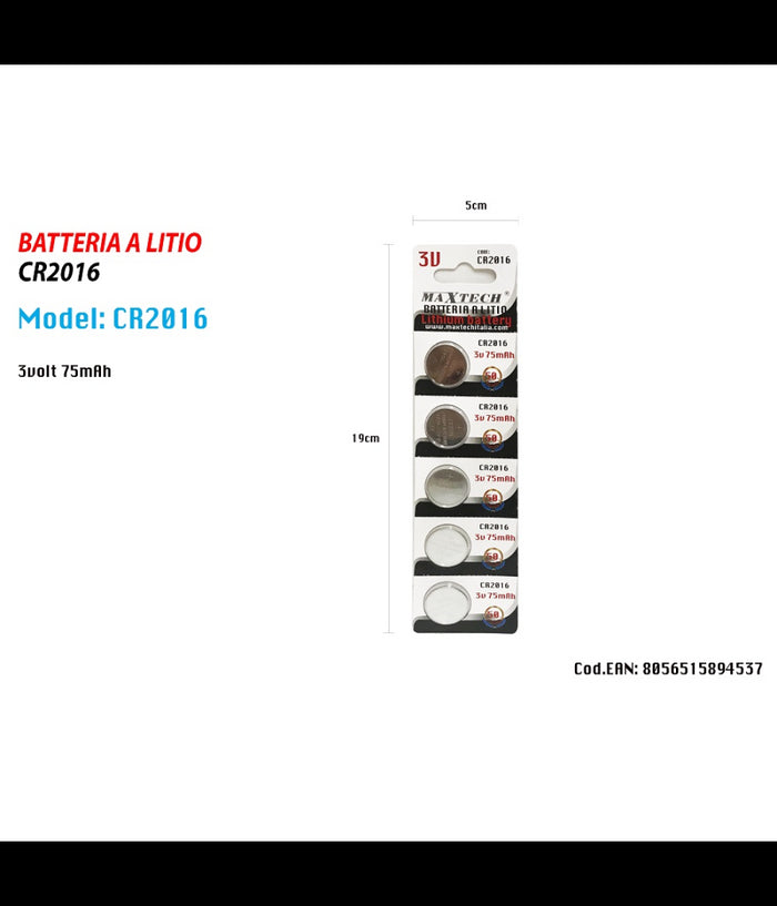 5 Batterie Pile Cr2016 3v 75mah Batteria A Bottone Per Orologi Telecomandi Maxtech         