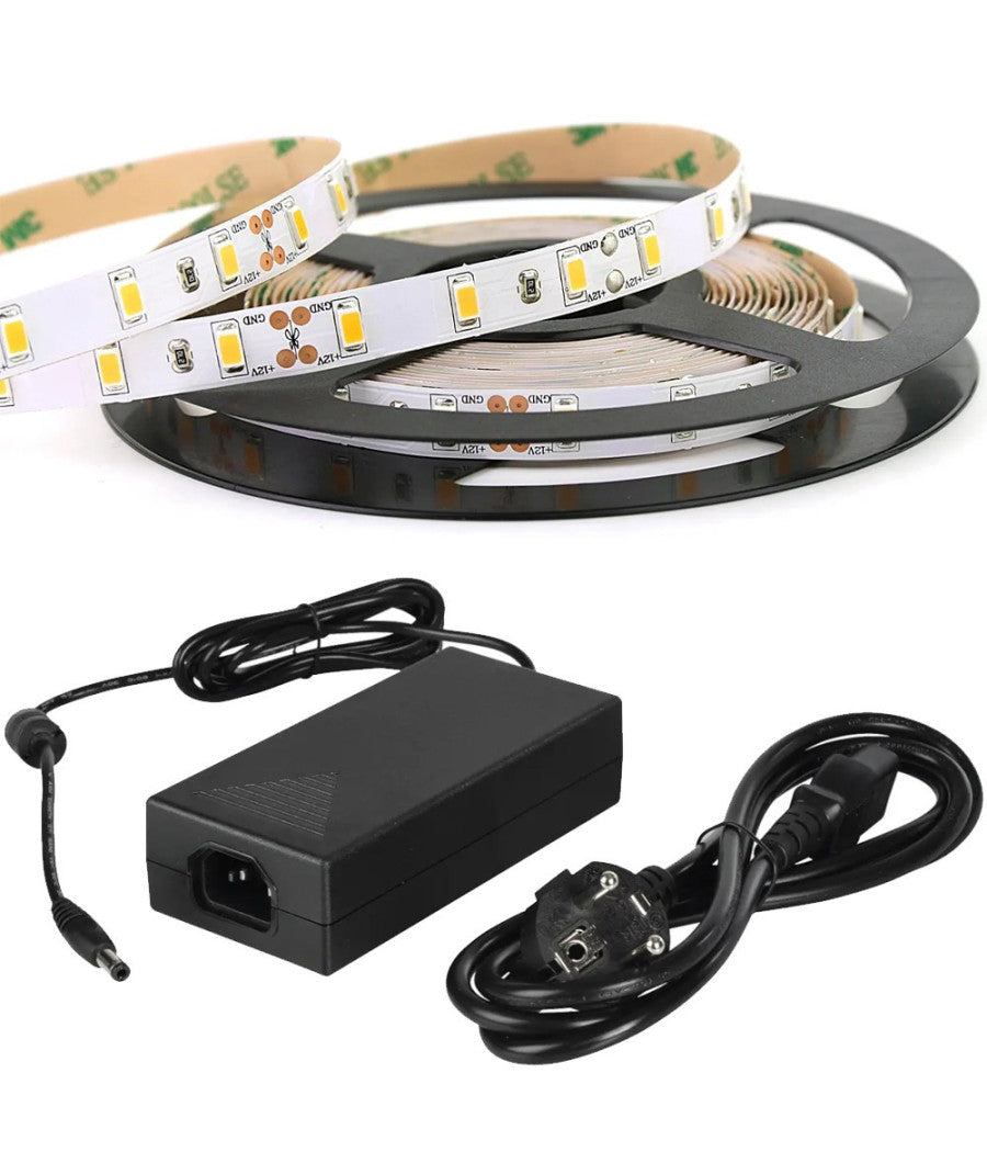 5 M Mt. Striscia Strip 300 Led Smd 5630 Senza Silicone Ip20 + Alimentatore 5a  -bianco Freddo      -