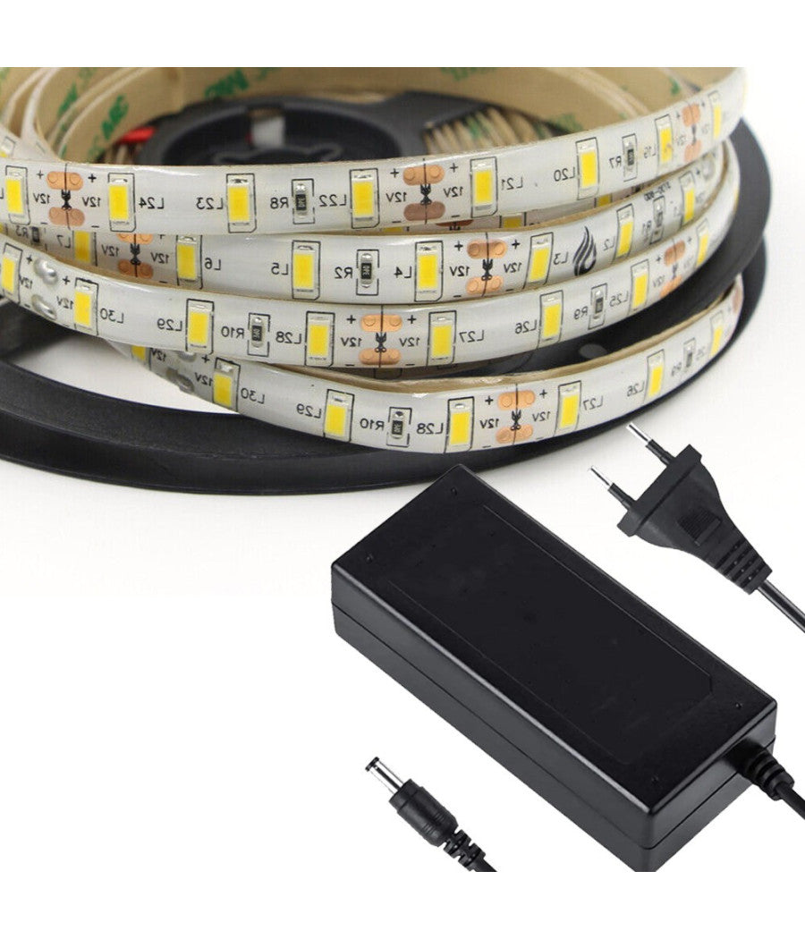 5 M Striscia Strip 300 Led Smd 5630 Bianco 5 Mt Impermeabile + Alimentatore 5a  -bianco Caldo      -