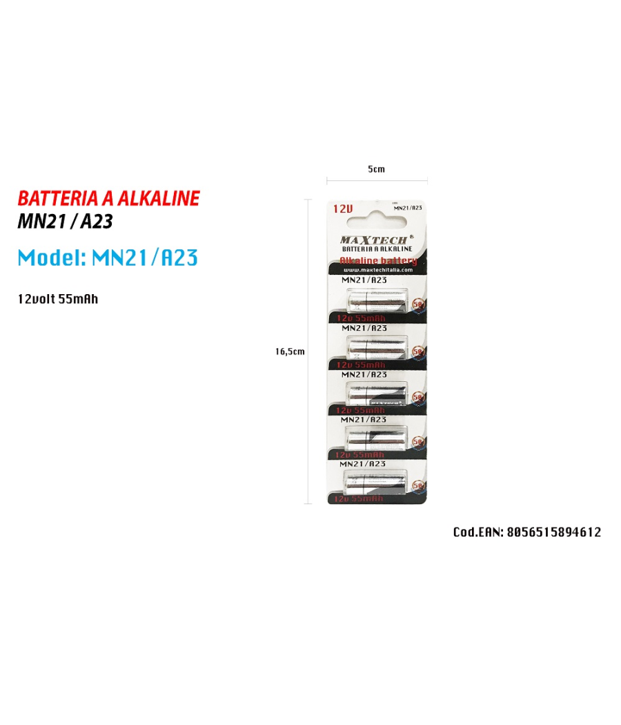 5 Pile Batterie Alkaline Mn21/a23 12v 55 Mah Alcalina Per Telecomando Maxtech         