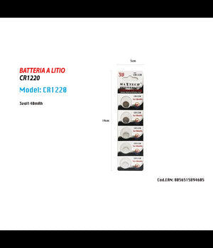 5 Pile Cr1220 3v Batteria A Bottone Per Orologi Telecomandi Apparecchi Maxtech         