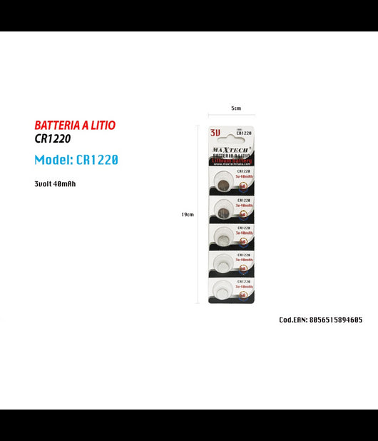 5 Pile Cr1220 3v Batteria A Bottone Per Orologi Telecomandi Apparecchi Maxtech         