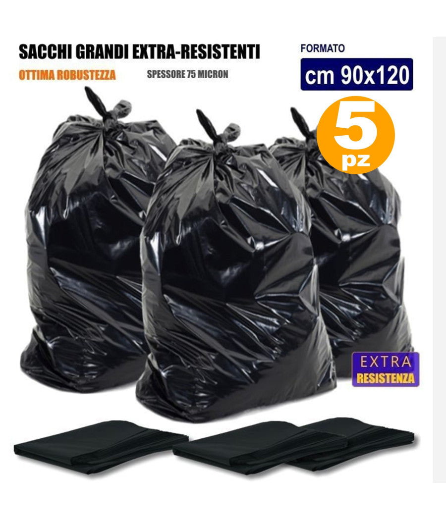 5 Sacchi Spazzatura Senza Maniglie Neri 90 X 120 Cm 150 Litri Super Resistenti         