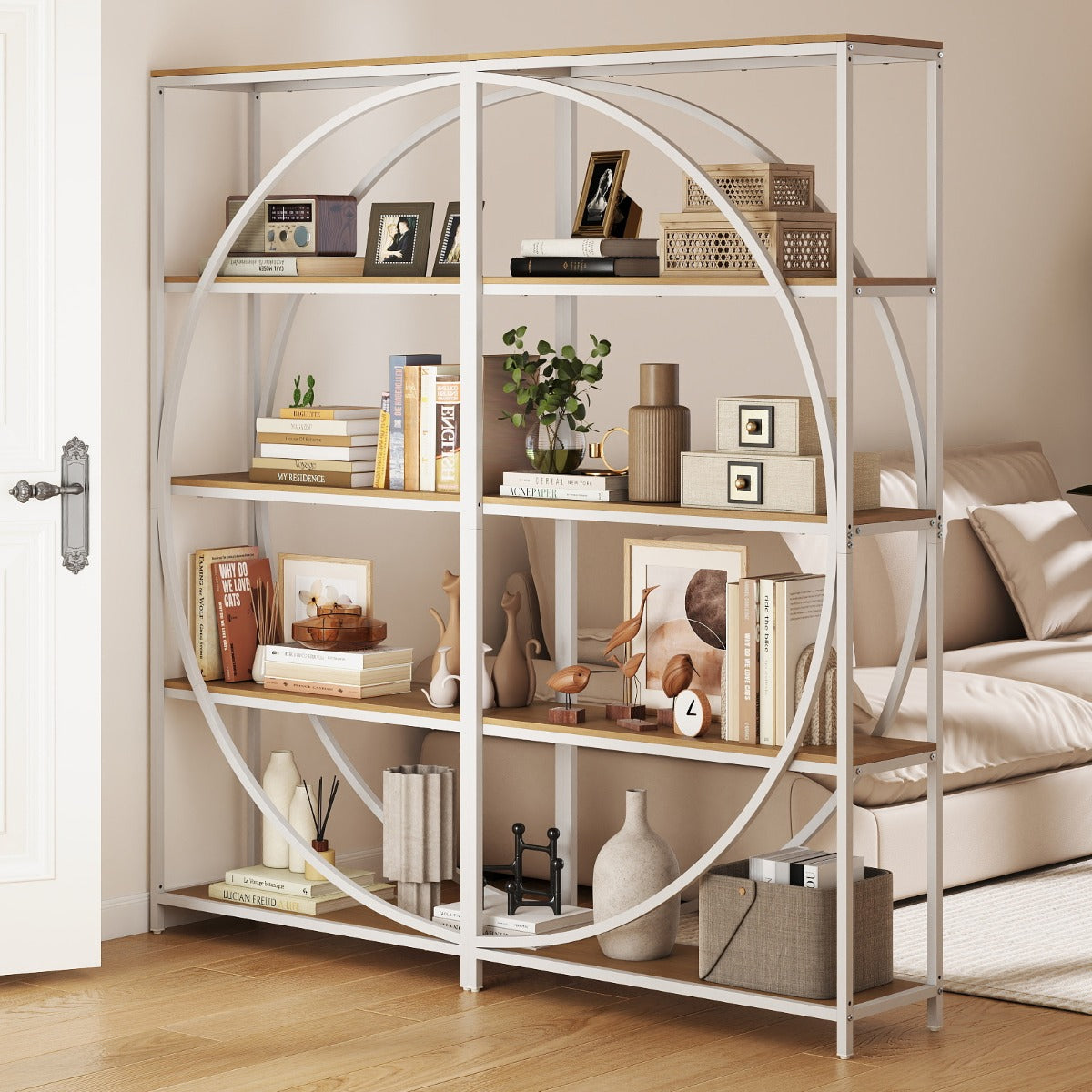 Libreria indipendente con design a forma di arco struttura in metallo-Libreria moderno a 5 ripiani con ripiani aperti Bianco