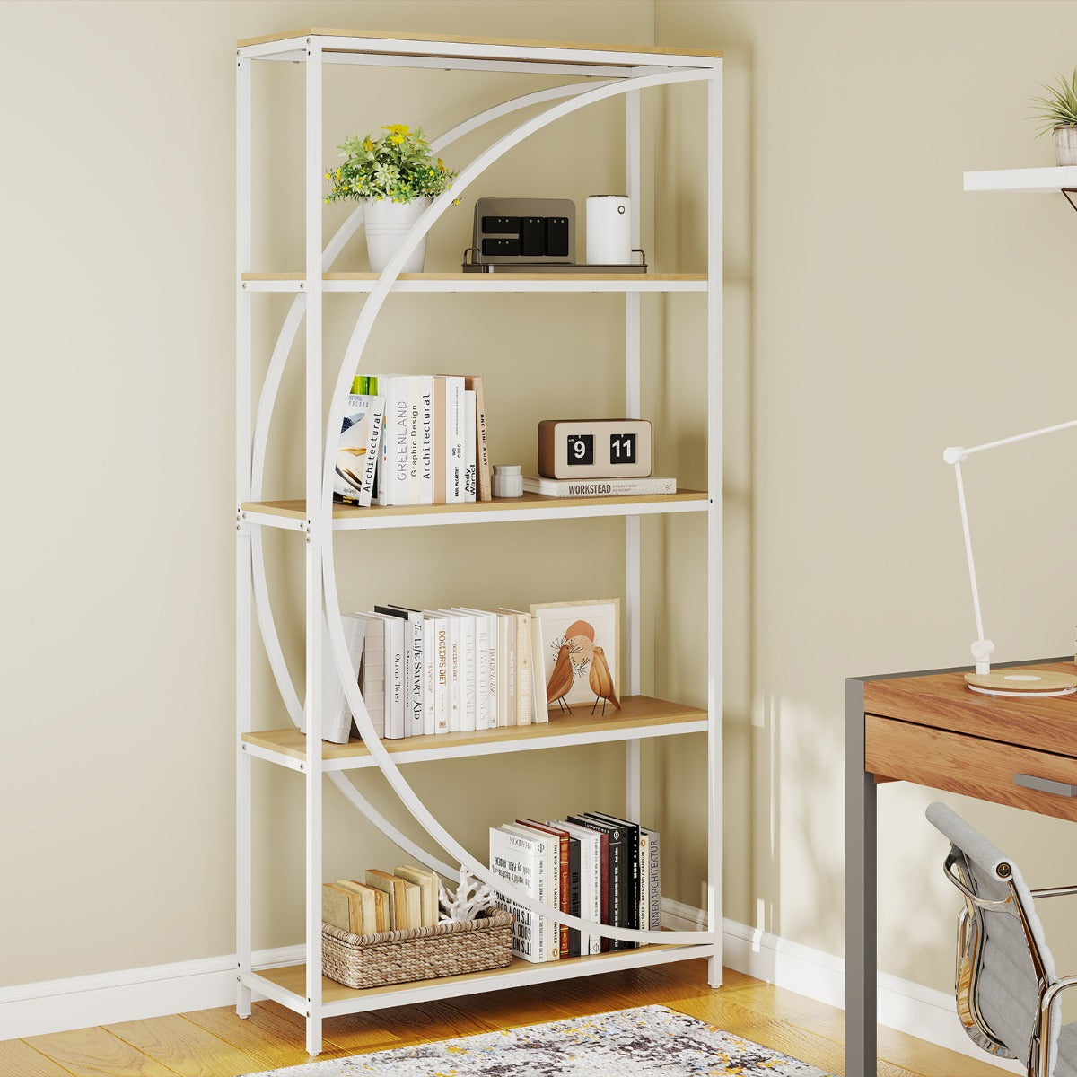 Libreria indipendente con design a forma di arco struttura in metallo-Libreria moderno a 5 ripiani con ripiani aperti Bianco