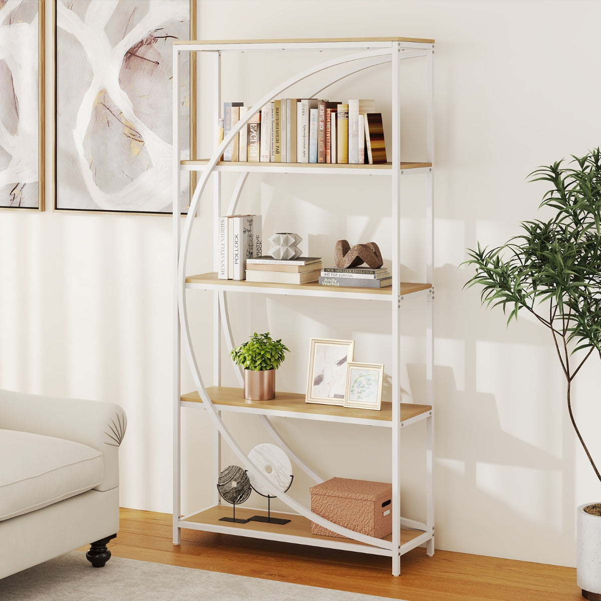 Libreria indipendente con design a forma di arco struttura in metallo-Libreria moderno a 5 ripiani con ripiani aperti Bianco
