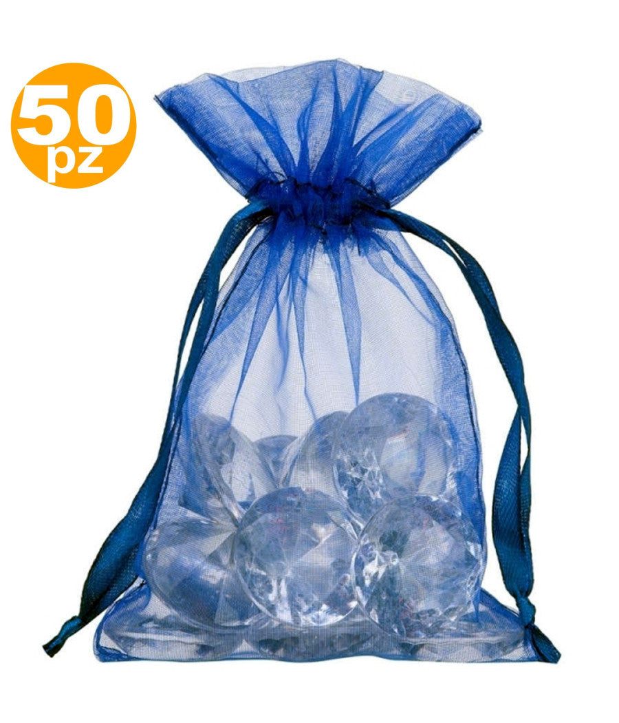 50 Sacchetti Blu Organza Bomboniera Nascita Matrimonio Compleanno Riso Confetti         