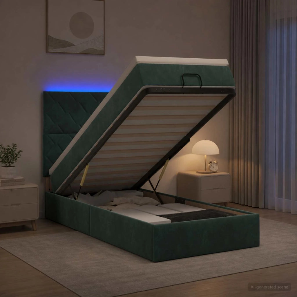 Letto Ottomano con Materasso e LED Verde Scuro 100 x 200 cm 3458358