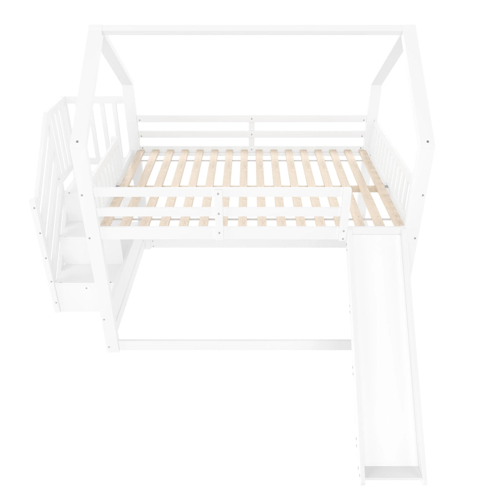 Letto a Soppalco Letto Matrimoniale con Scala Contenitore; Scivolo e Sponde 140×200 cm; senza Materasso; Bianco