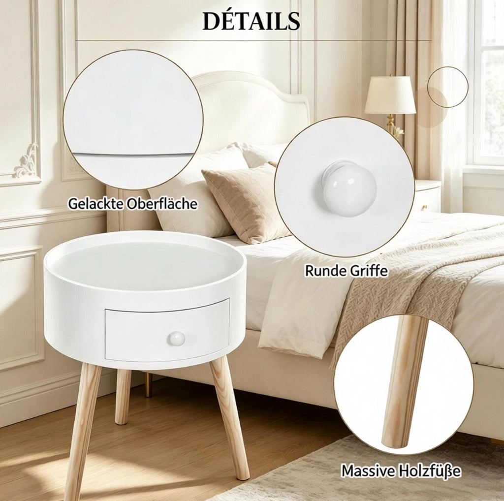 Comodino con cassetto in MDF e legno massello, bianco e legno, 38x38x45 cm