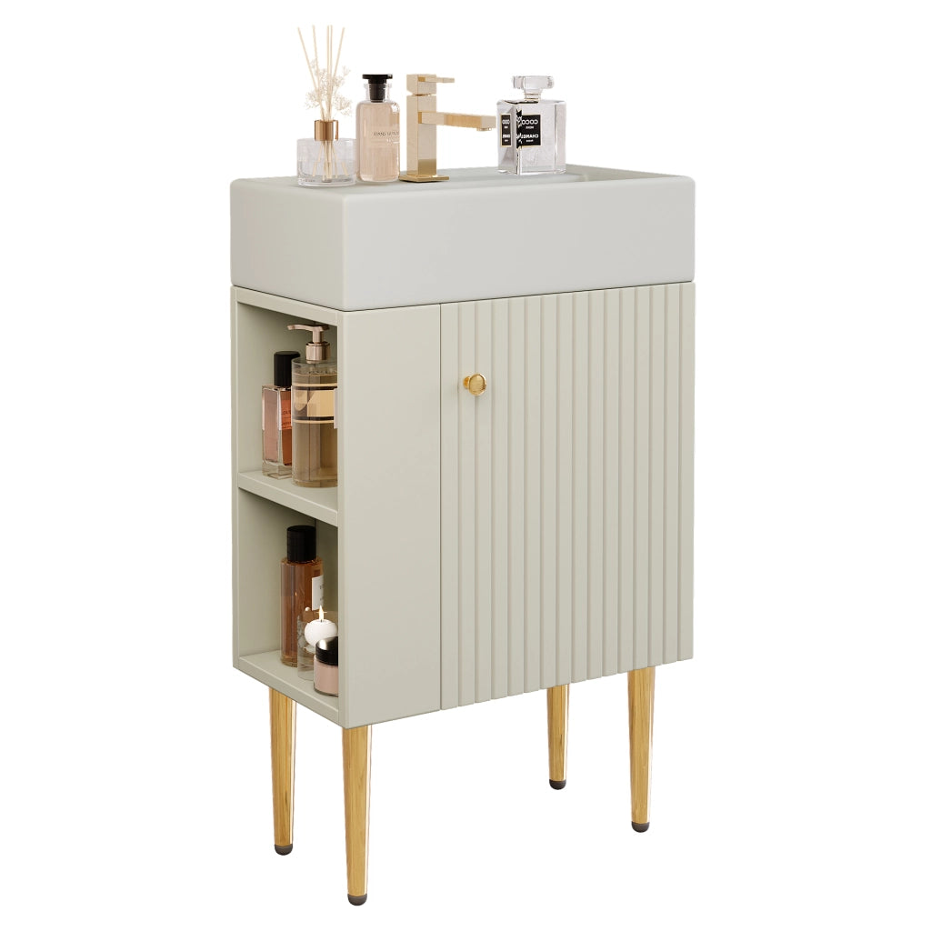 Mobile sottolavabo con lavabo in ceramica e ripiani laterali, per bagni piccoli, bianco, 68,5 × 52,6 × 32,28 cm