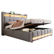 Letto contenitore matrimoniale 160×200 cm con LED; USB; ripiani testiera e materasso senza materasso; grigio chiaro