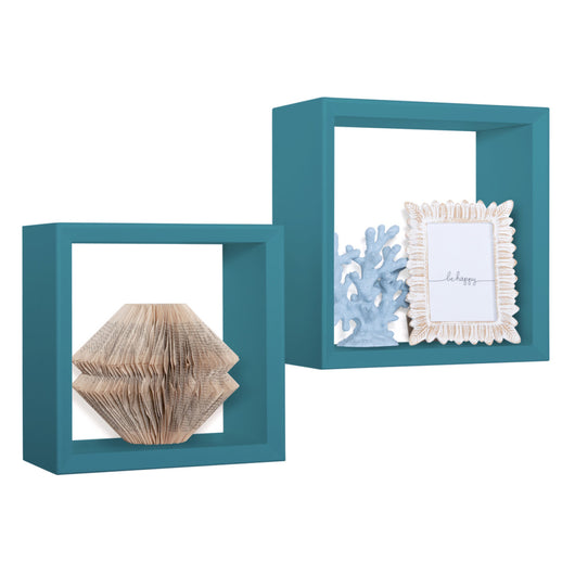 Set di 2 Mensole da Muro Modello GINEVRA, Cubi Arredo, Mensole Cubo, Cubi da Parete, Cubi Portaoggetti. Misure 35x35 p15.5 cm, e 30x30 p15.5 cm. Finitura  BLU ATOLLO - MADE IN ITALY