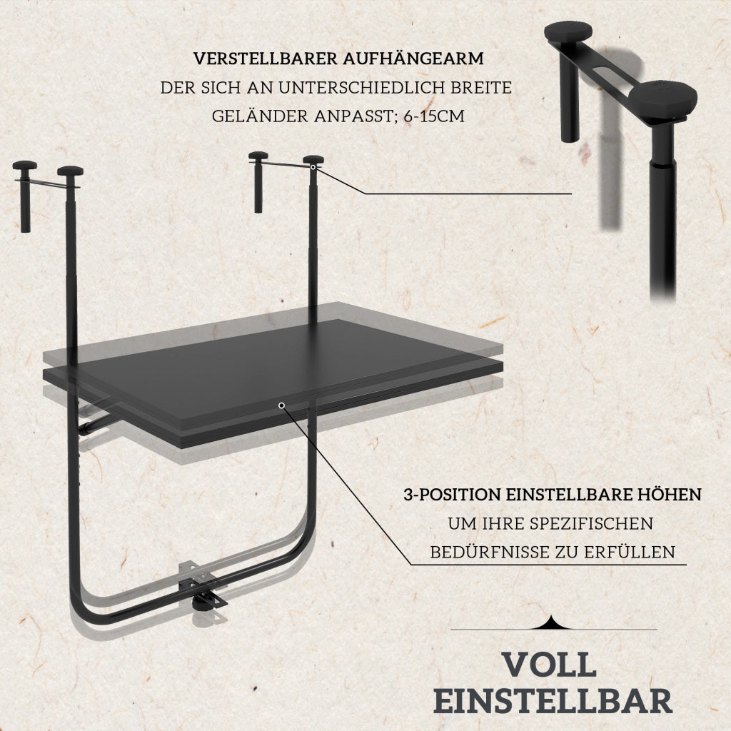 TAVOLO DA BALCONE APPESO REGOLABILE 62x60 cm NERO METALLO