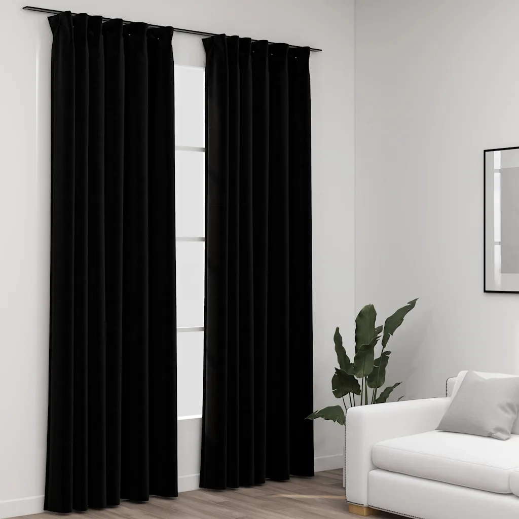 Tende Oscuranti | Tende Blackout con Ganci Effetto Lino 2 pz Nere 140x225 cm