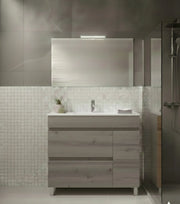Mobile Bagno FENRIR Già Montato 2 cassetti e porta con piedini, lavabo e specchio Rovere affumicato 100x45 cm