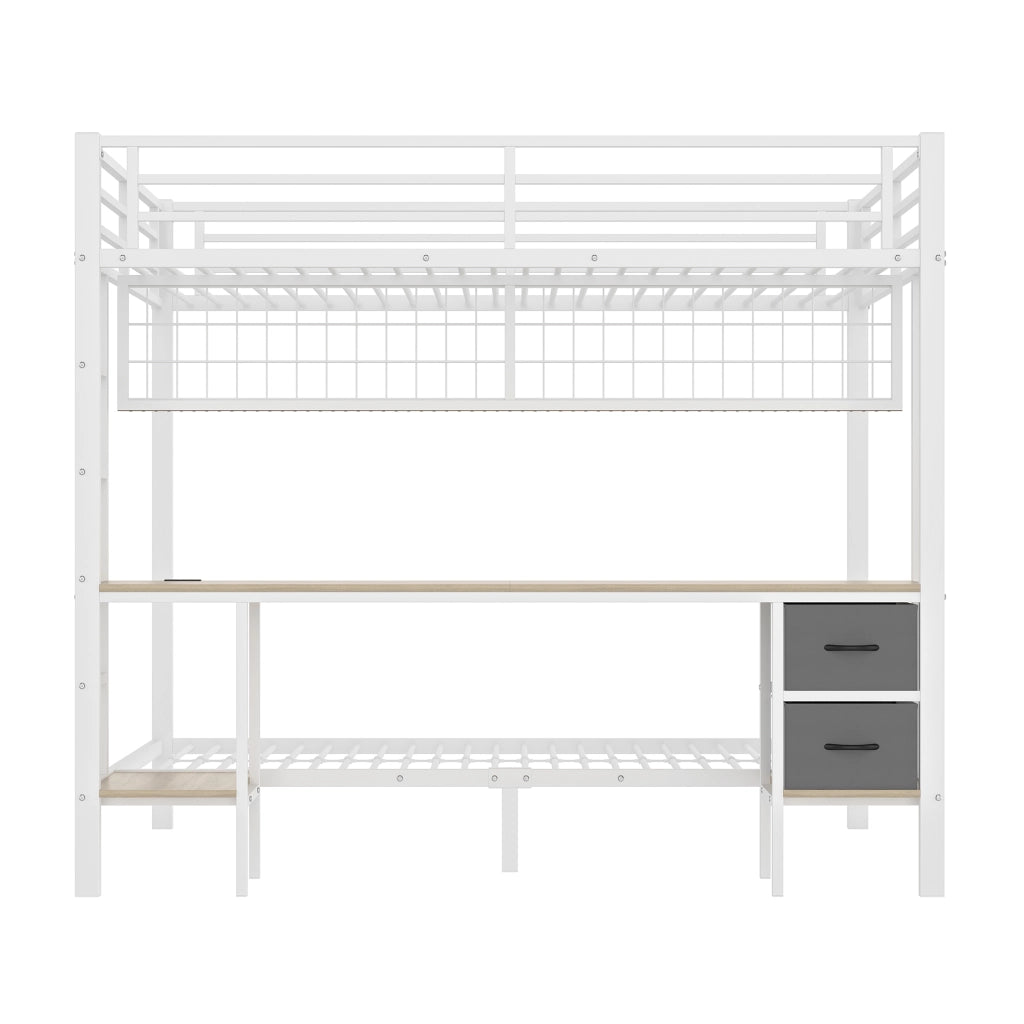 Hochbett in metallo con scrivania, cassetti, ripiani, griglia portasoggetti e LED USB, 140x200 cm, bianco