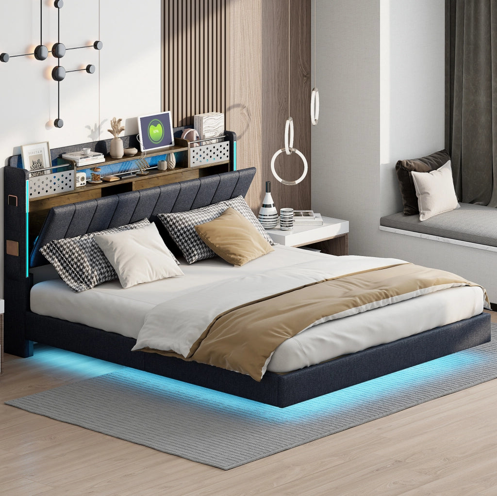 Letto imbottito 160x200 con LED, USB e testiera contenitore