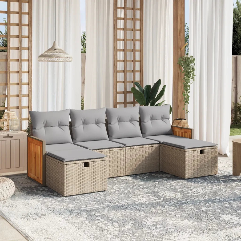 Set Divano da Giardino 6 pz con Cuscini Beige Misto Polyrattan
