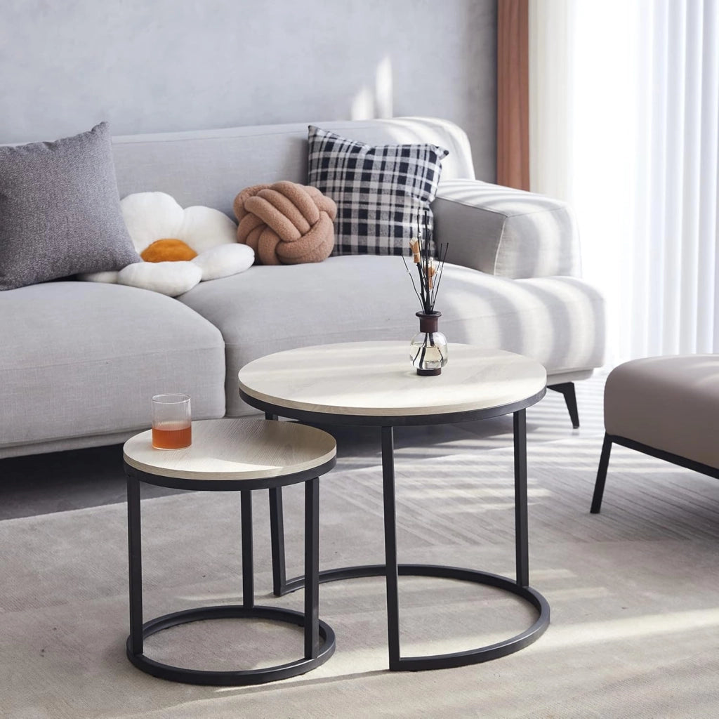GrandCA HOME Set di 2 Tavolini Impilabili Tavolini Sovrapponibili con Gambe in Metallo, Tavolini da Caffè per Soggiorno,Bianco