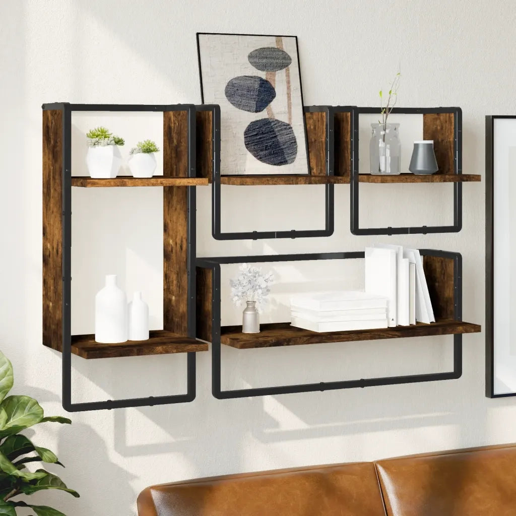 4 pz Set Mensole Parete | Mensola sospesa con Aste Rovere Fumo Legno Multistrato