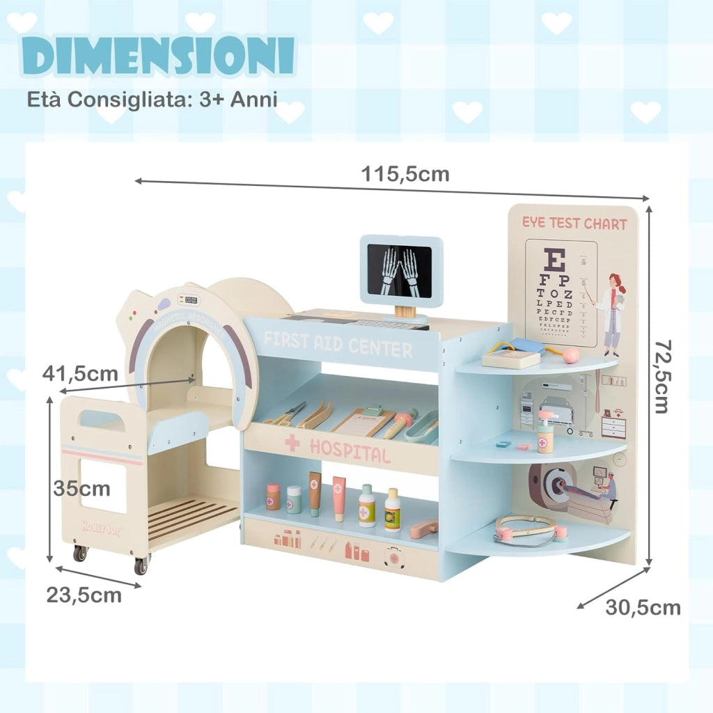 Set Gioco Dottore per Bambini, Medico Giocattolo in Legno con Tabella Oculistica, Macchinario CT e Radiografie, Gioco di Ruolo Medico Educativo con Accessori per Bambini 3+ Anni (Blu)