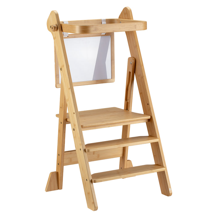 Torre di apprendimento pieghevole per bambini 43 x 48 x 91 cm in bambù, torre montessoriana regolabile in altezza per bambini, sgabello per bambini con barra di protezione