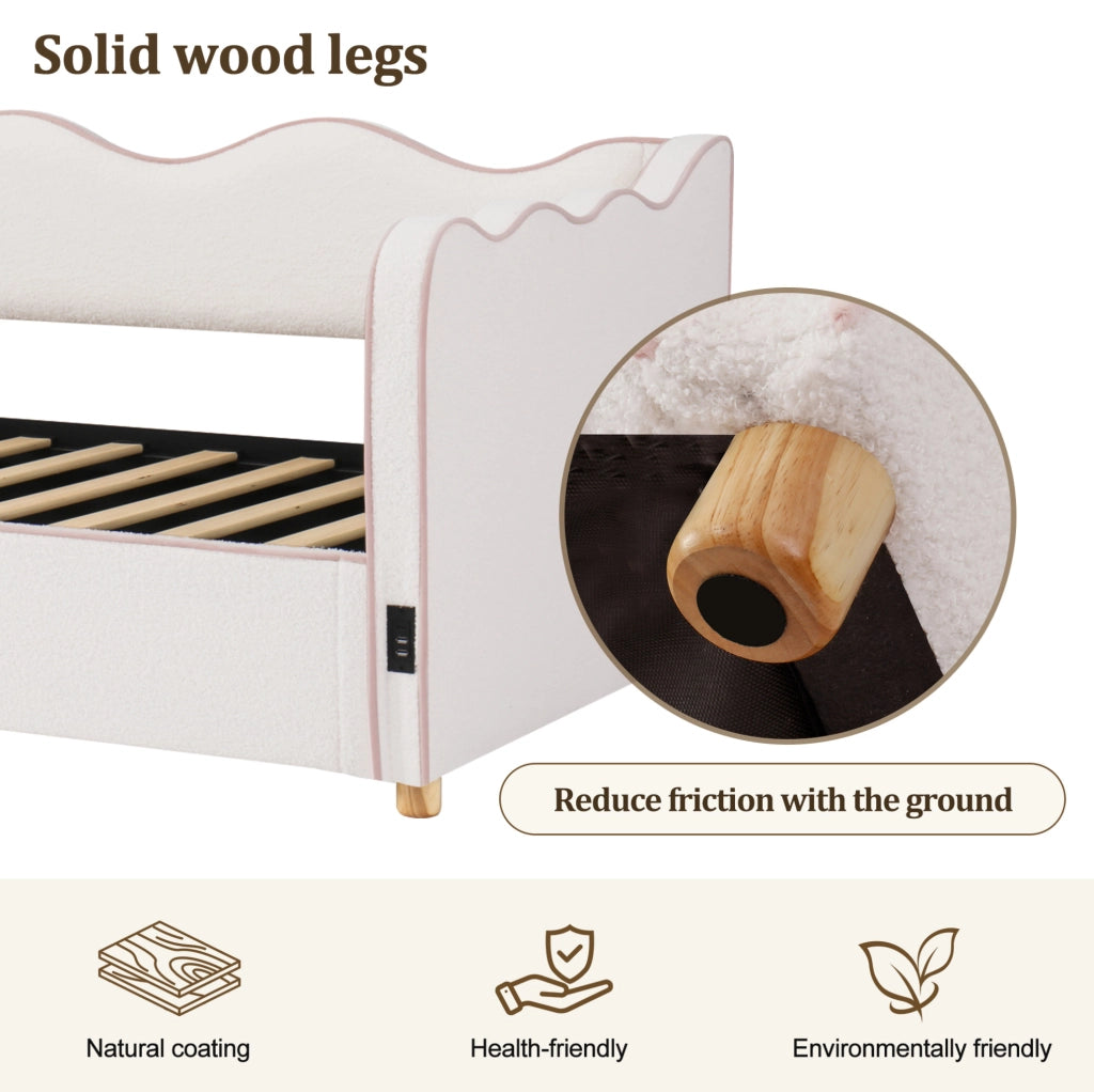 Letto imbottito ULEVR 90x200 cm con contenitore idraulico, USB e Type-C, boucl¨¦ beige