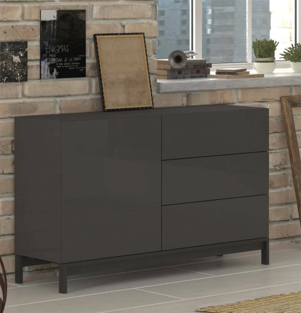 Credenza moderna a 1 anta e 3 Adana, Made in Italy, Madia da cucina, Buffet di design da soggiorno, con piedini, cm 110x40h47, Antracite lucido