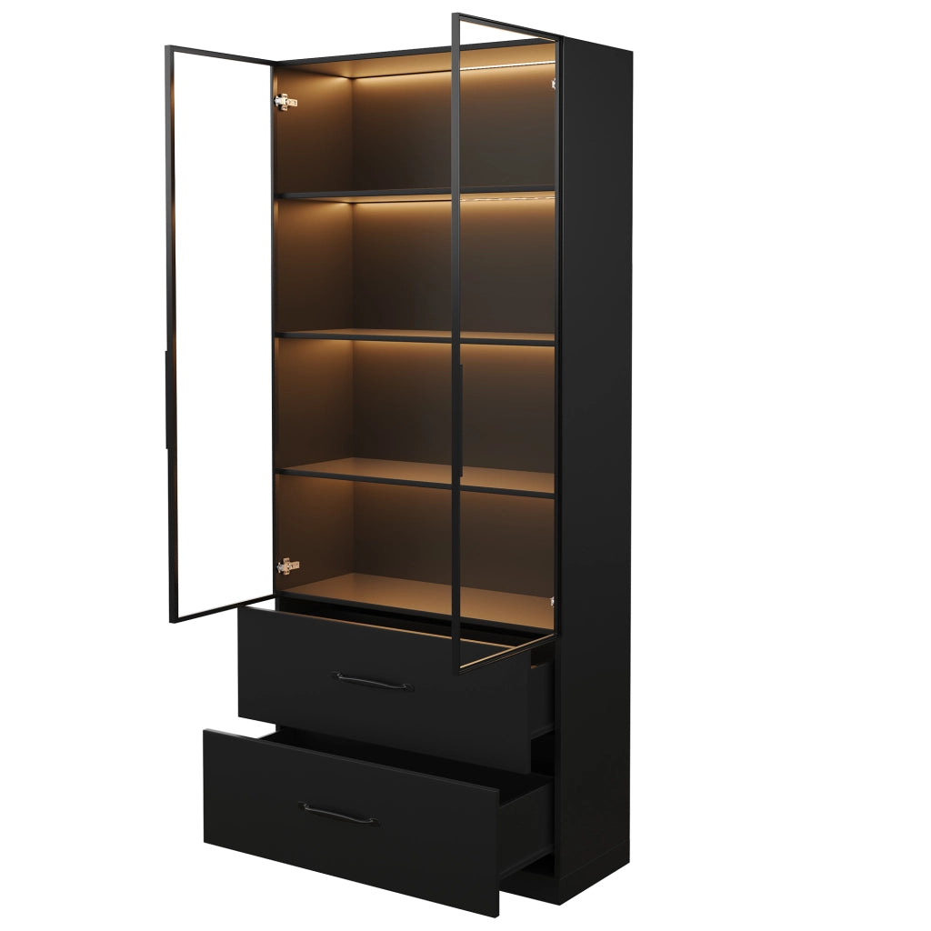 Vetrina LED in vetro 60x40x160 cm nera con 2 ante in vetro temperato, 2 cassetti e 7 colori LED