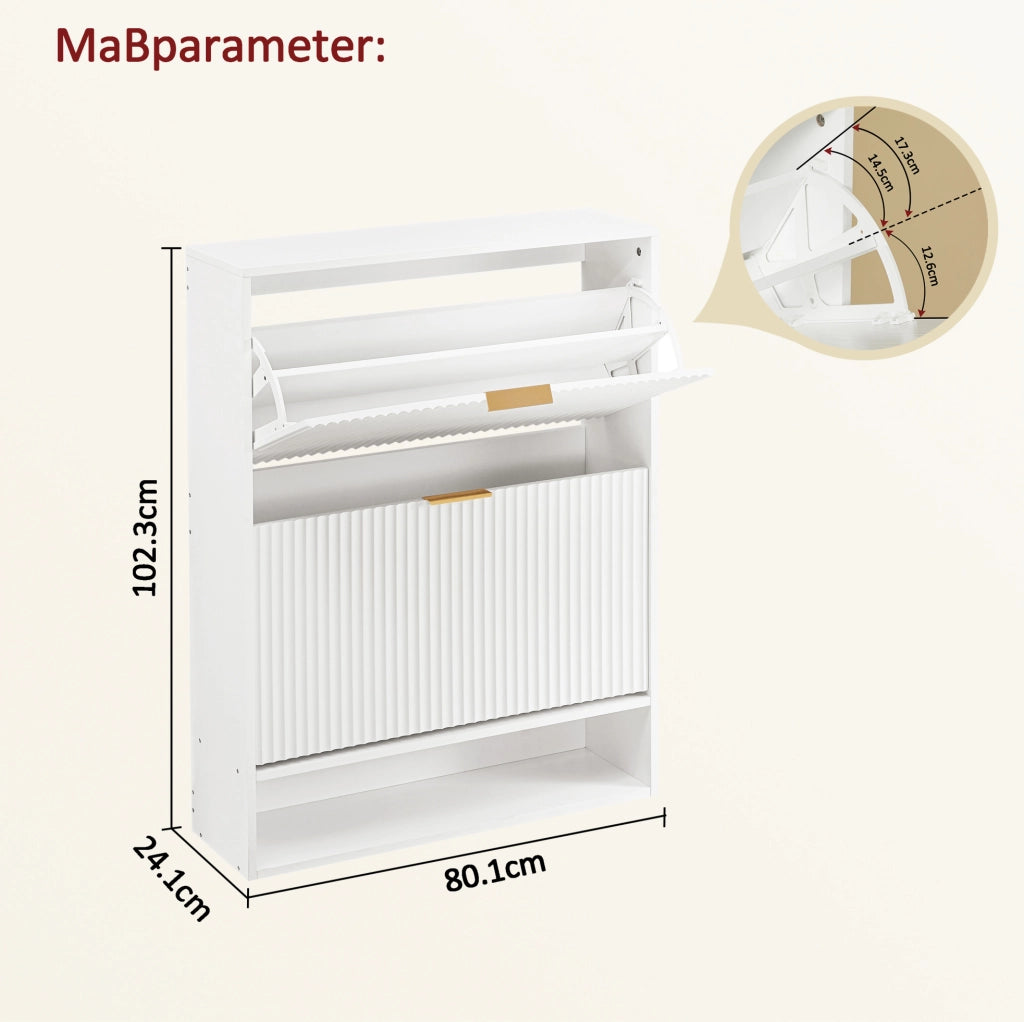 Scarpiera stretta 80x24 cm in MDF bianco con frontale scanalato per ingresso