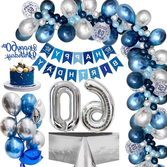 Decorazione di Compleanno 60° Compleanno Uomo Incluso Ballo Blu Argento - Bandiera di Compleanno - Ballo di Foglio - Ballo di Confetti - 60 Anni Riciclabile