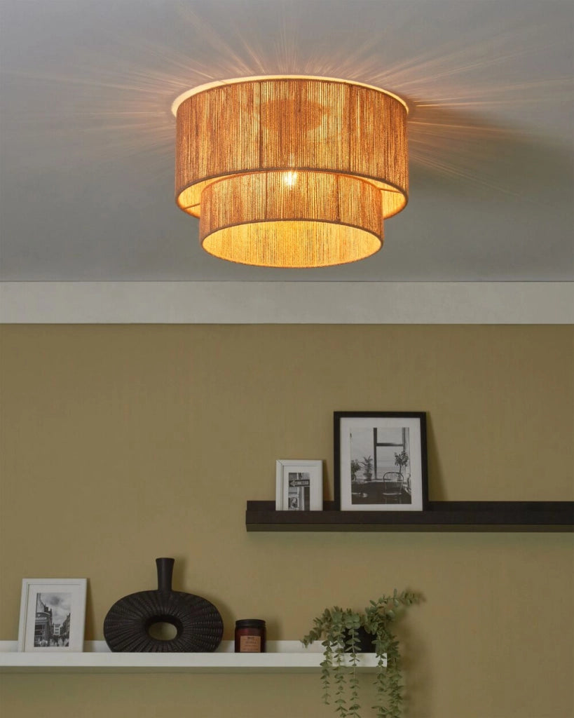 Lampada da soffitto Paralume di iuta naturale Base di ferro nero Lampo boho a sospensione Luce del soggiorno Camera da letto Corridoio