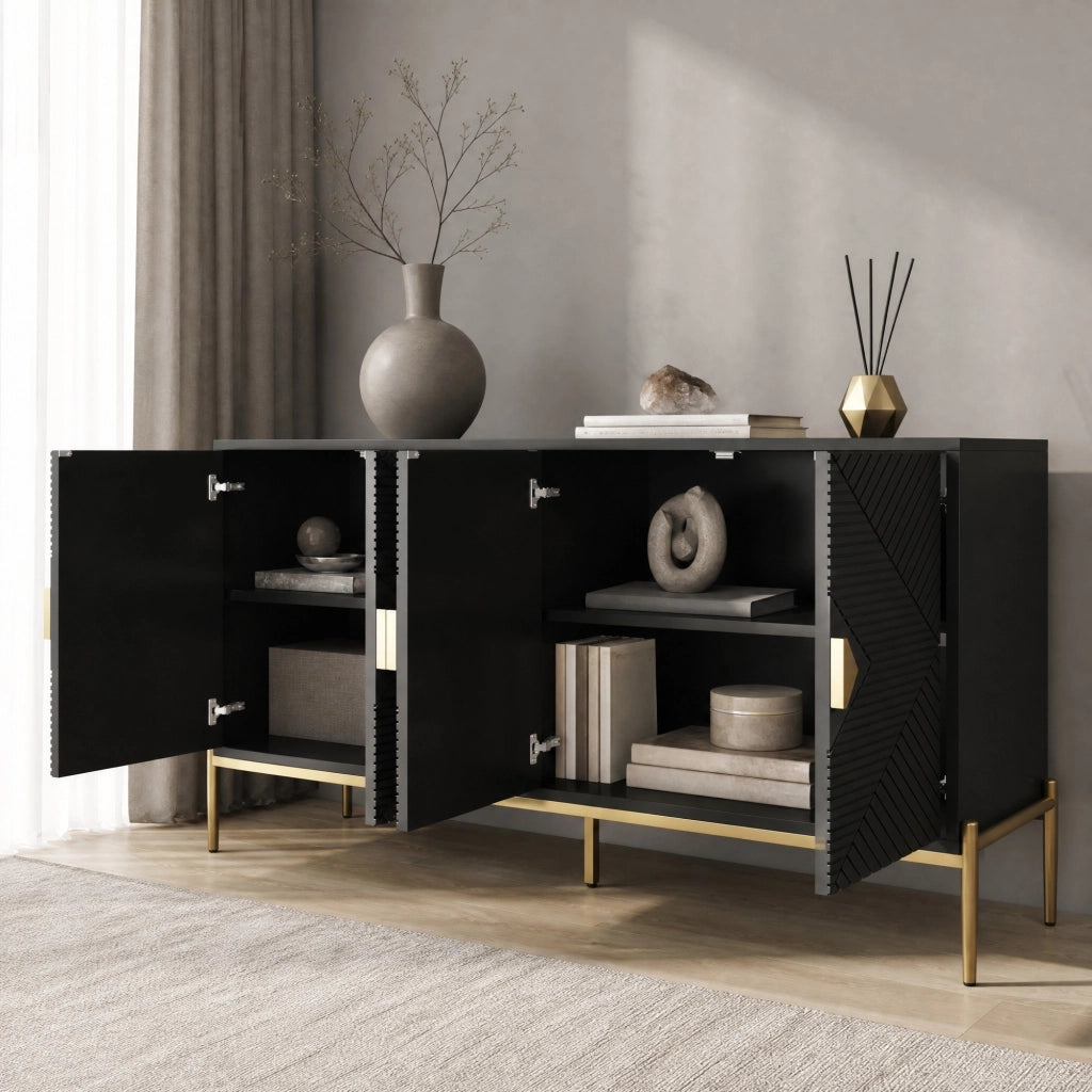 Sideboard moderno a 4 ante 162x40x80 cm in MDF e truciolare; nero