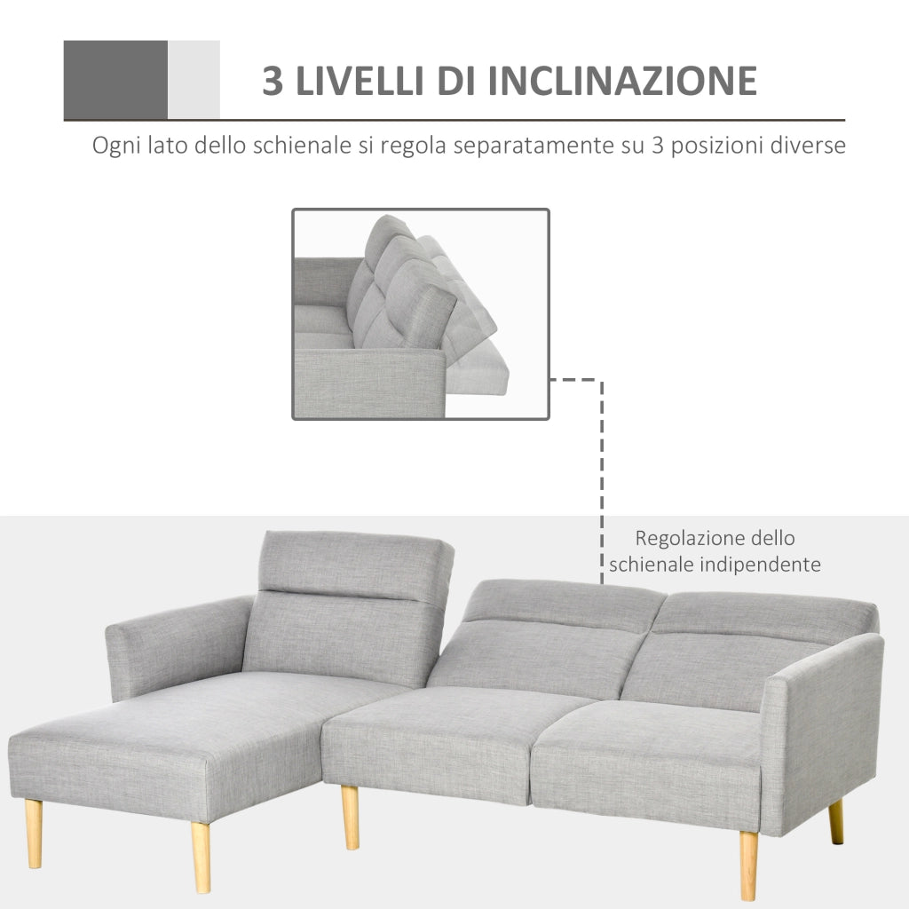EasyComfort Divano Letto 3 Posti, Divano Angolare in Tessuto Grigio con Schienale Regolabile, Stile Scandinavo, 207x146x80cm