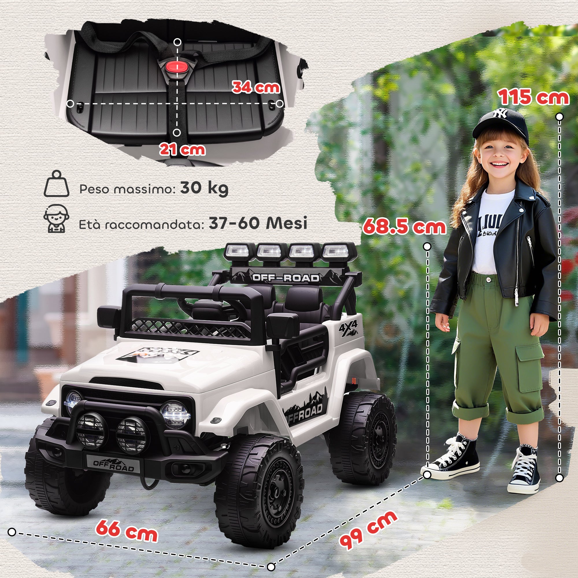 Macchina Fuoristrada per Bambini 99x66x68.5 cm con Fanali Clacson e Telecomando in PP e Metallo Bianco